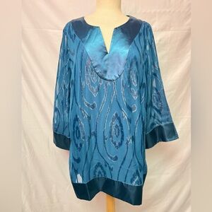 Badgley Mischka Teal Satin-Trim Ikat-Pattern Tunic